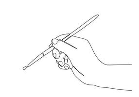 Hand painting with brushes continuous line drawing minimalist. Vector one hand drawn sketch of brush with finger holding to draw