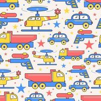 Seamless pattern boy toys with car, truck, helicopter, star and gun vector