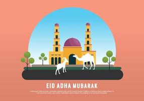 Eid Al Adha arabic calligraphy for Muslim with mosque goat and camel vector