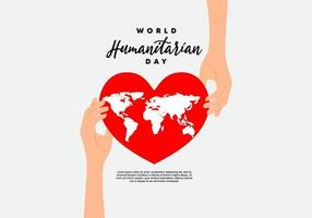 día mundial humanitario con asimiento de la mano mapa del mundo en el corazón símbolo de amor vector