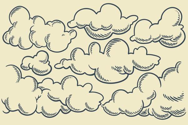 set of clouds in hand drawn vintage retro style