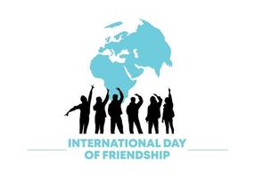 cartel de fondo del día internacional de la amistad con un grupo de amigos y mapa mundial aislado en fondo blanco. vector