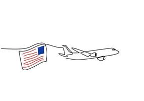 One continuous single line drawing of united states flag and airplane vector