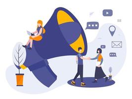 Business referral metaphor concept. Marketing strategy with people and big megaphone horn. vector
