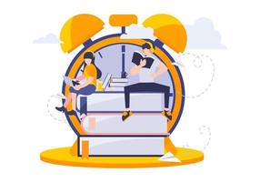 Study time vector illustration. Flat design people enjoy learning and reading book. Metaphor of young teenager or college sitting on the big books with huge alarm clock.