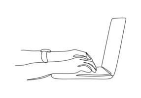 Continuous one line drawing of hand writing and typing on keyboard of laptop. Concept of writer, blogger, and worker. Vector minimalism business