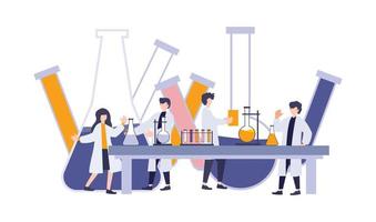 Scientist working an experiment with tubes, erlenmeyer flask, and reaction. Vector illustration flat digital cartoon research laboratory. Lab work of science medical, biology, chemistry, and physic.