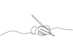 Single line drawing of hand golding art painting brush to make an artwork. Concept of artist painter minimalism vector