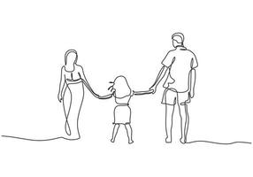 Continuous one line drawing of happy family. Concept of father, mother, and daughter holding hands vector