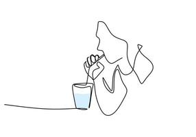 One continuous single line of girl drinking ice glass and straw. vector