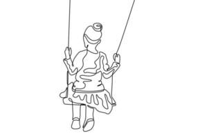 Continuous one line drawing of child girl sit and playing on swinging. vector