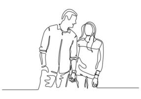 dibujo continuo de una línea de pareja tomándose de la mano. acto de bondad tema de hombre y niña. vector