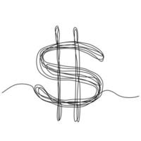 Continuous one line drawing of dollar scribble hand drawn sketch line art. Editable stroke design vector