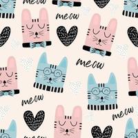 gatos graciosos cabeza de patrones sin fisuras con texto maullido. vector para niños y estampados textiles de moda para bebés