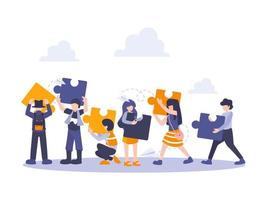 People connecting puzzle elements. Vector illustration business concept. Team metaphor flat design style.