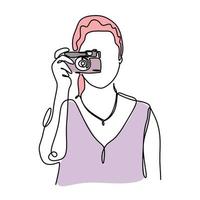 Continuous one line drawing of portrait of woman holding camera to taking picture. Photographer concept minimalism design with colors. vector