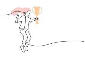 one line drawing of woman bring trophy as a winner vector