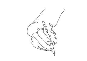 Continuous one line drawing of hand writing. Person holding a ink pen or pencil minimalism design vector