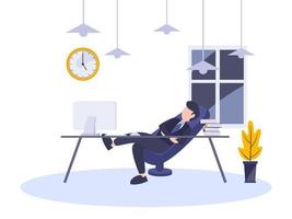 hombre de negocios perezoso descansando sentado en una silla en el lugar de trabajo. ilustración vectorial plana digital vector