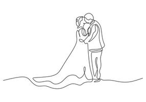 Continuous one line drawing of happy couple in marriage. Man and woman wearing wedding dress kissing vector