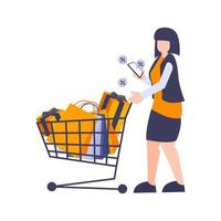Girl pushing shopping trolleys. Woman enjoy shop during discount and promo with Bag and gift. vector