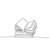 Continuous one line drawing of opened book and stack of books minimalism vector