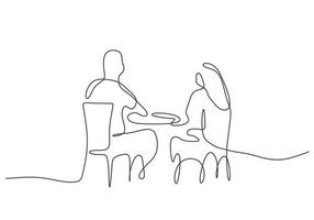 dibujo continuo de una línea de cena romántica en pareja con mesa, comida y vino. vector