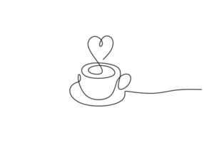 One continuous single line cup of coffee decorated with heart symbol vector