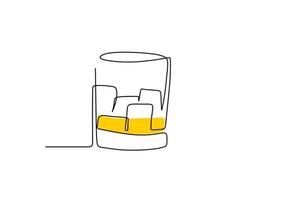 una sola línea continua de vaso de whisky dibujado con cubitos de hielo en ella vector