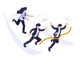 Vector Business Success Concept. Entrepreneur business man leader. Businessman and his business team crossing finish line and tearing orange ribbon finishing first in a race.