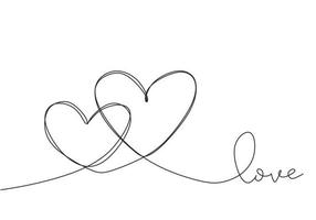 Continuous line drawing two hearts, Black and white vector minimalist illustration of love concept.