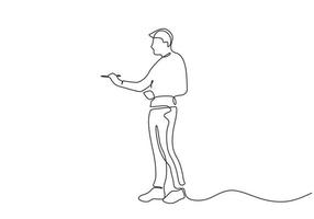 Person painting one line drawing. Continuous lineart of painter, man standing holding paintbrush to make an artwork. vector