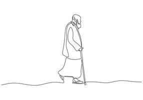 Continuous one line drawing of arabic man walking on the street. Old person wearing thawb or Kandoora, Dishdasha, Khamiis , and Qamiis. vector