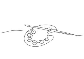 Art equipment of brush and paint one line drawing vector illustration isolated on white background.