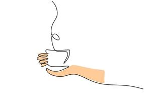 One continuous single line of hand drawn with hand hold cup of coffee vector