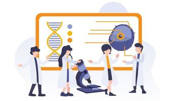 Research and development vector flat digital illustration. Scientist people working with microscope and DNA cell. Microbiology engineering with teamwork.