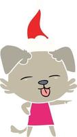 flat color illustration of a dog sticking out tongue wearing santa hat vector