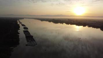Aerial view fish farm kelong in morning sunrise video
