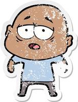 distressed sticker of a cartoon tired bald man vector