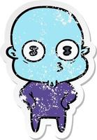 distressed sticker of a cartoon weird bald spaceman vector