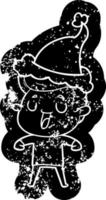 happy cartoon distressed icon of a man wearing santa hat vector