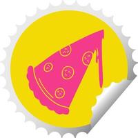 quirky circular peeling sticker cartoon slice of pizza vector