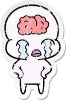 distressed sticker of a cartoon big brain alien crying vector