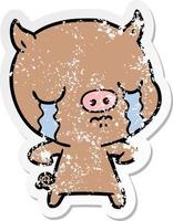 distressed sticker of a cartoon pig crying vector