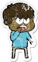 distressed sticker of a worried cartoon boy vector