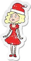 retro distressed sticker of a cartoon woman dressed for christmas vector