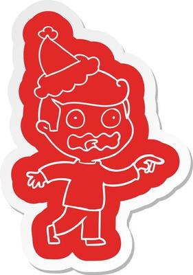 cartoon  sticker of a stressed out pointing wearing santa hat