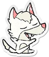 distressed sticker of a cartoon wolf laughing vector