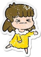 distressed sticker of a cartoon angry girl vector