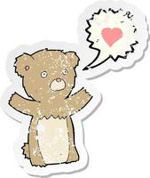 pegatina retro angustiada de un oso de peluche de dibujos animados con corazón de amor vector